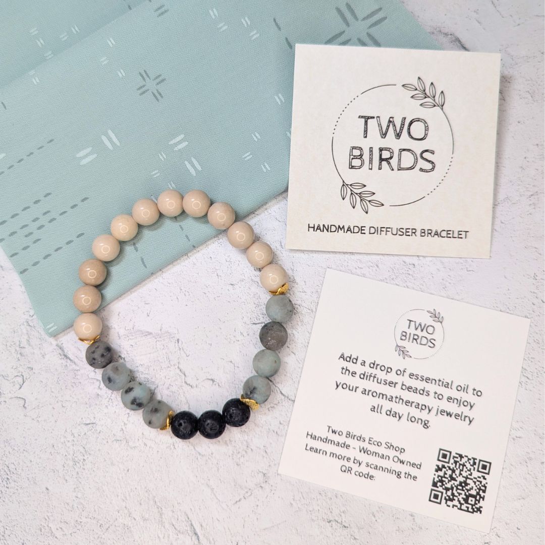 Gemstone Diffuser Bracelet - Fossil Jasper + Kiwi Jasper + Lava Rock